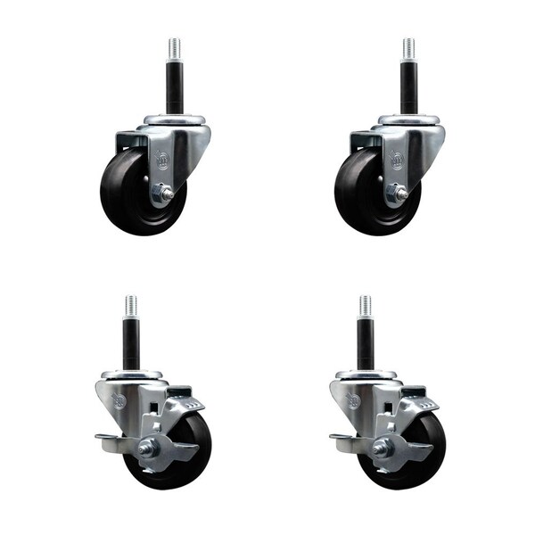 3'' Hard Rubber Wheel Swivel 3/4'' Expand Stem Caster Set 2 Brakes, 4PK